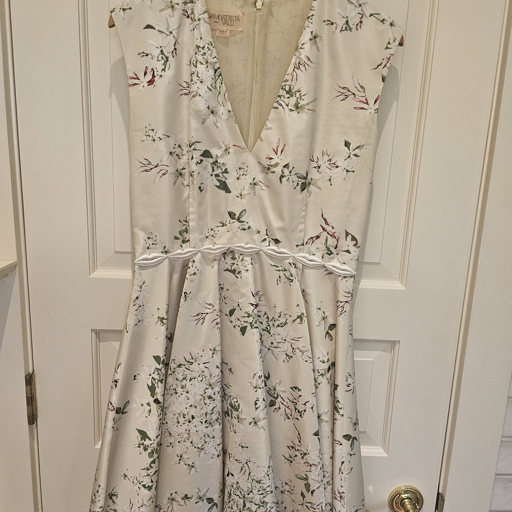 Floral V-Neck Fit & Flare Dress - White with Green Accents